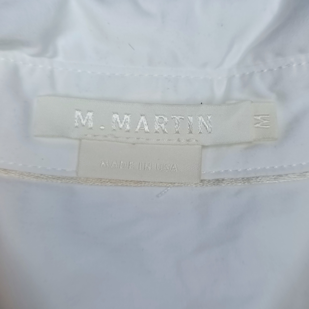 M. Martin White Poplin Cotton Buttondown Blouse Bell Sleeve Tan Piping Size M - Picture 4 of 14